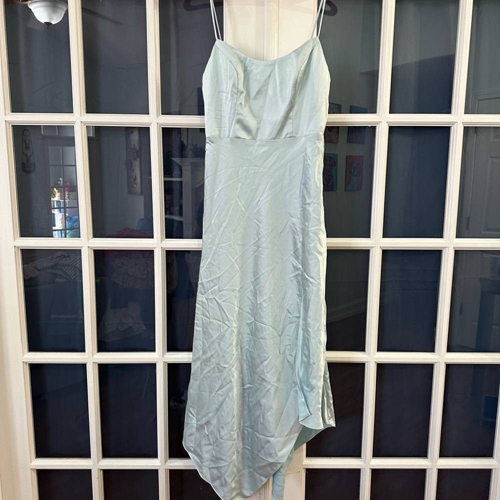XSCAPE Handkerchief Hem Satin Spaghetti Strap Dress Gown Ice Blue Size 2 - Picture 6 of 12